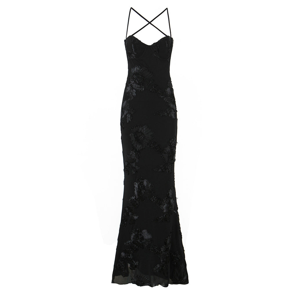 Elegant Backless Jacquard Evening Gown