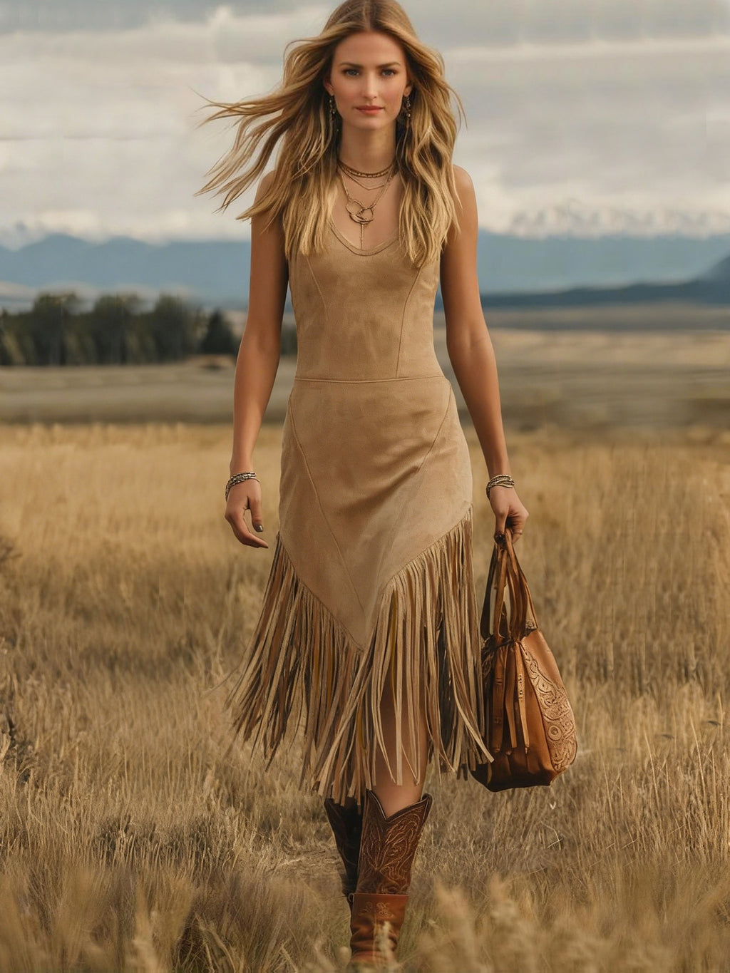 Women's Suede Sleeveless Bodycon Fringe Dress Western Cowboy Style Mid-Length Tank Dress