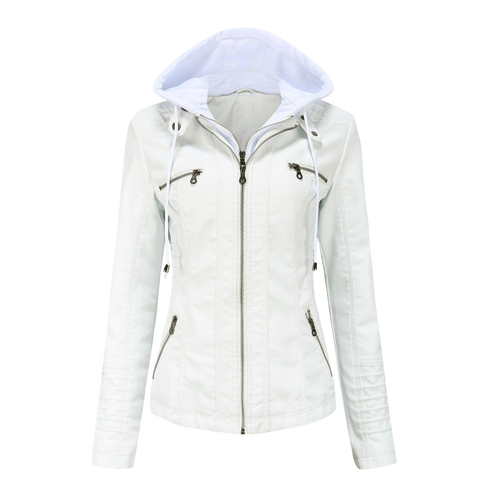 Women's Faux Leather Hooded Jacket Two-Piece Set Slim Fit Long Sleeve teemdrop
