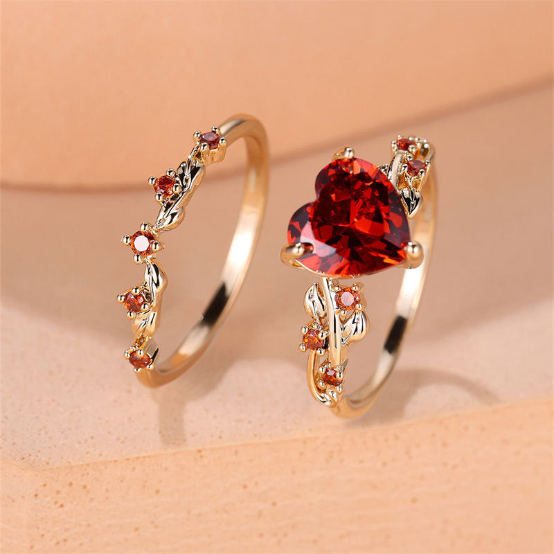 Heart-Shaped Zircon Inlaid Couple Ring