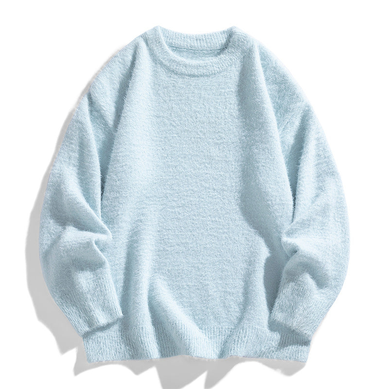 Men's Round Neck Pullover Solid Color Thickened Mink Mohair Knit Sweater teemdrop