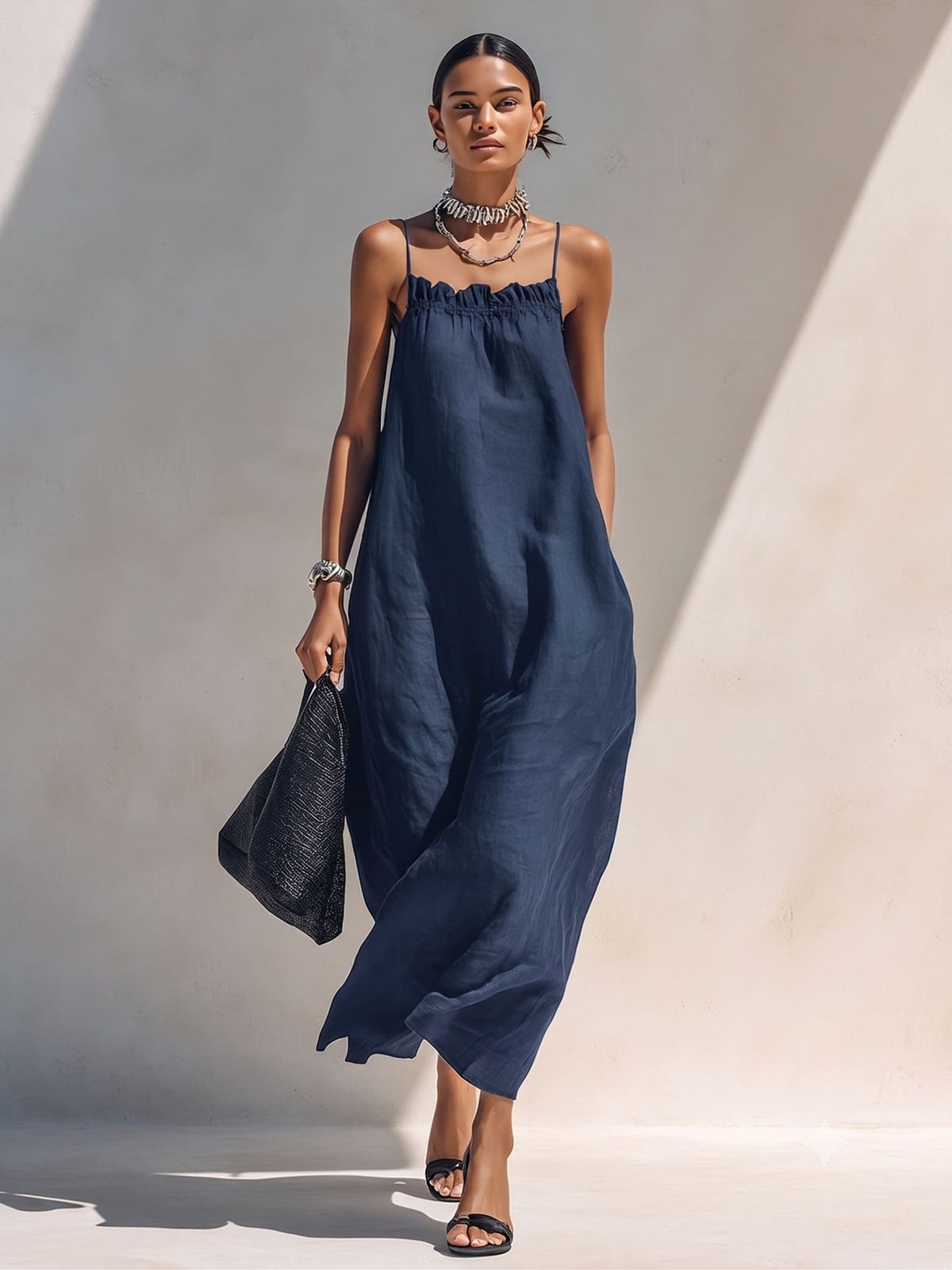 Women's One-Shoulder Sleeveless Smocked Long Dress teemdrop