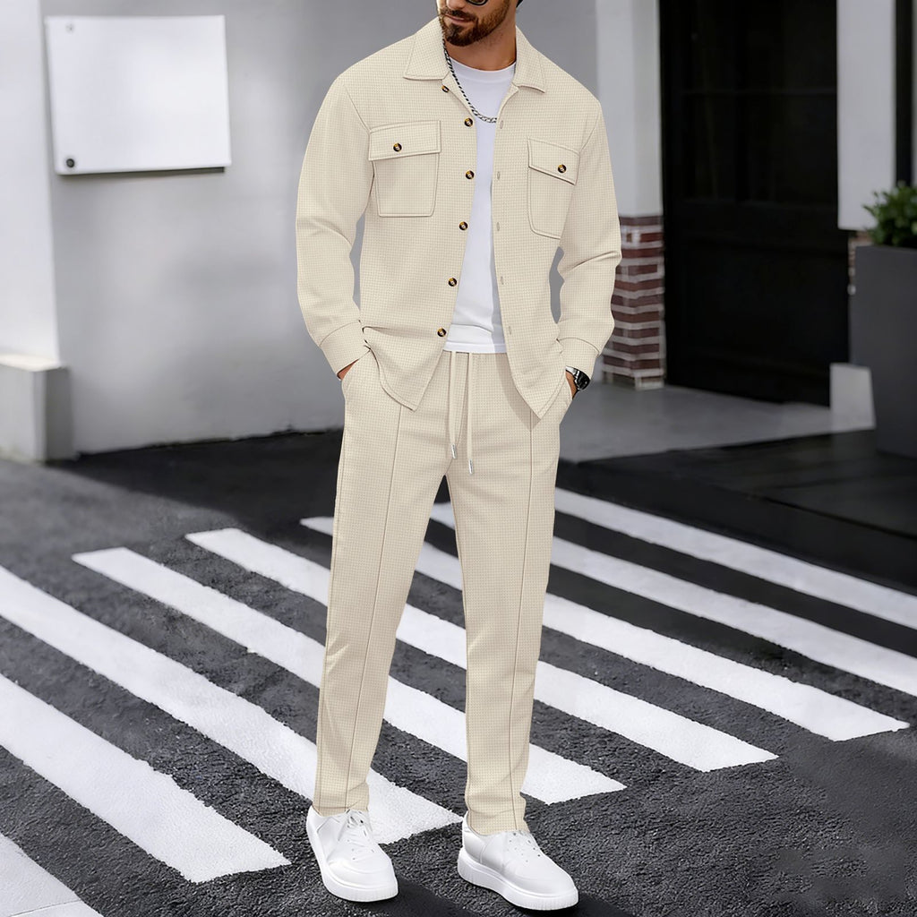 Men's Casual Waffle Solid Color Track Suit Long Sleeve Lapel Jacket and Pants Two-Piece Set teemdrop