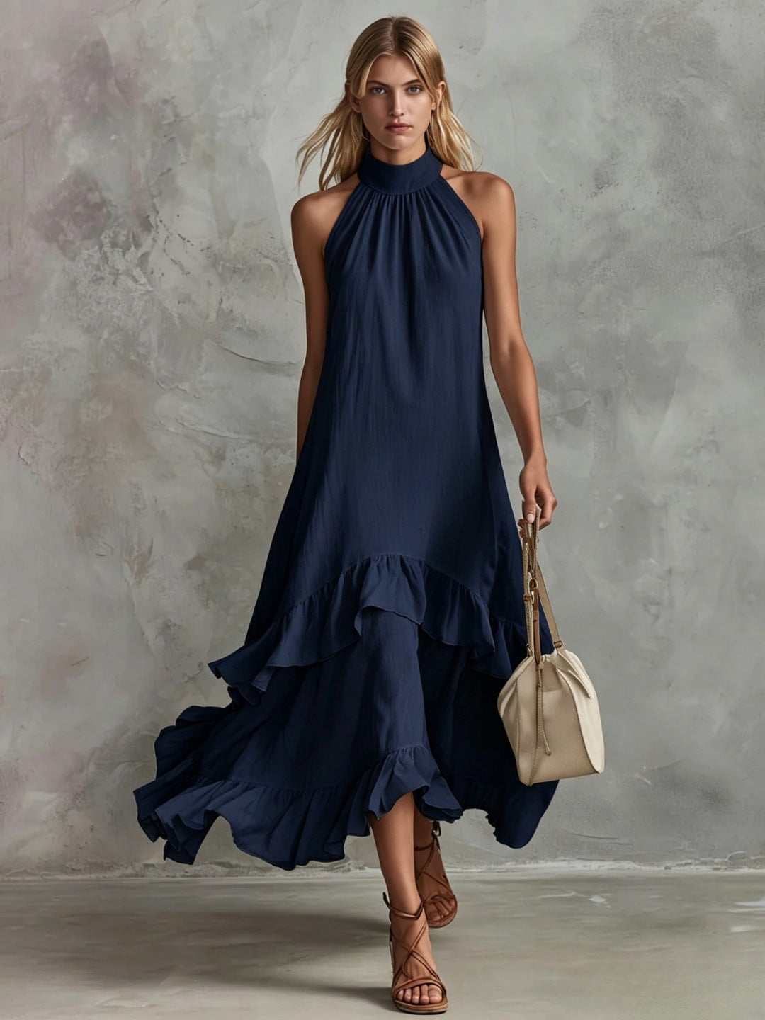 Women's Sleeveless Halter Ruffle Hem Mid-Length Summer Dress teemdrop