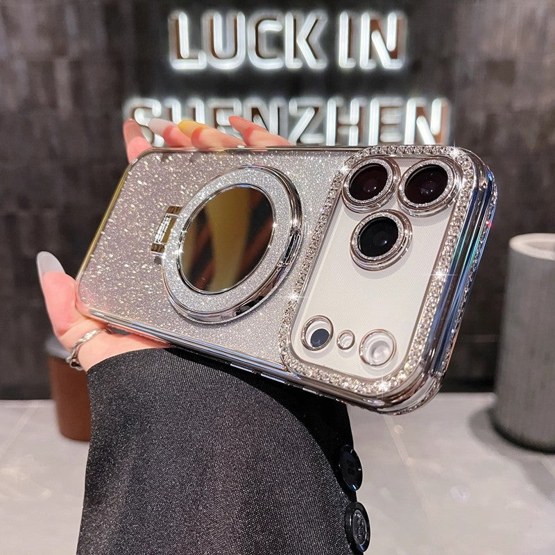 Glitter Magnetic Stand Mirror Phone Case for iPhone 11 12 13 14 15 16 17 18 Pro Max Plus teemdrop