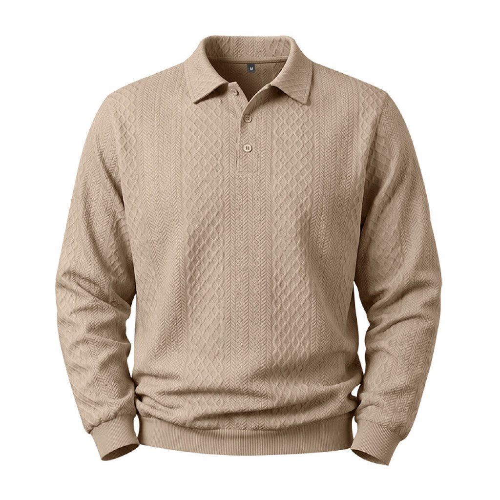 Men's Jacquard Knit Polo Sweatshirt Long Sleeve Turn-Down Collar Loose Fit Top teemdrop