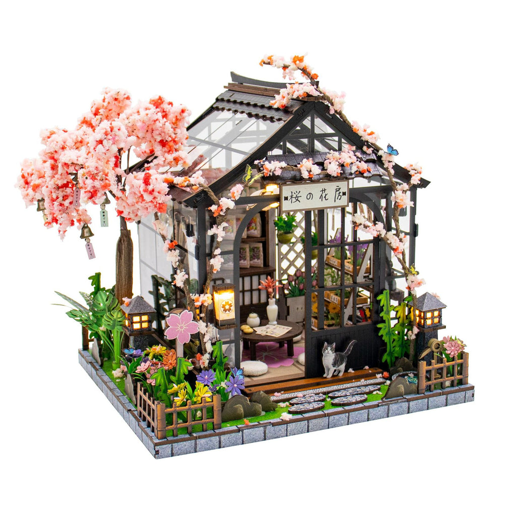 Japanese Style Miniature DIY Wooden Greenhouse Model Kit with Light and Music