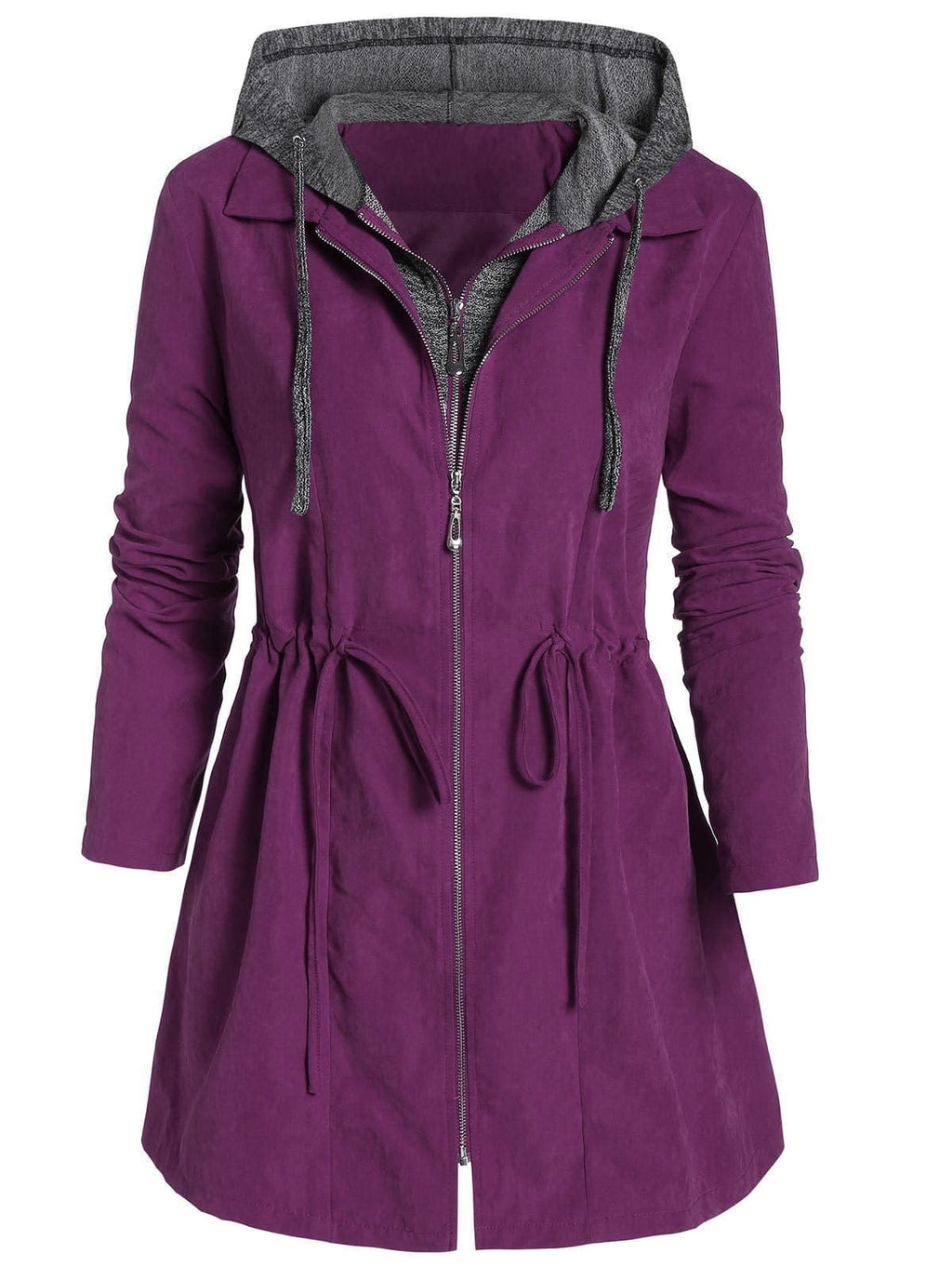 Women's Long Sleeve Double Zipper Hooded Trench Coat teemdrop