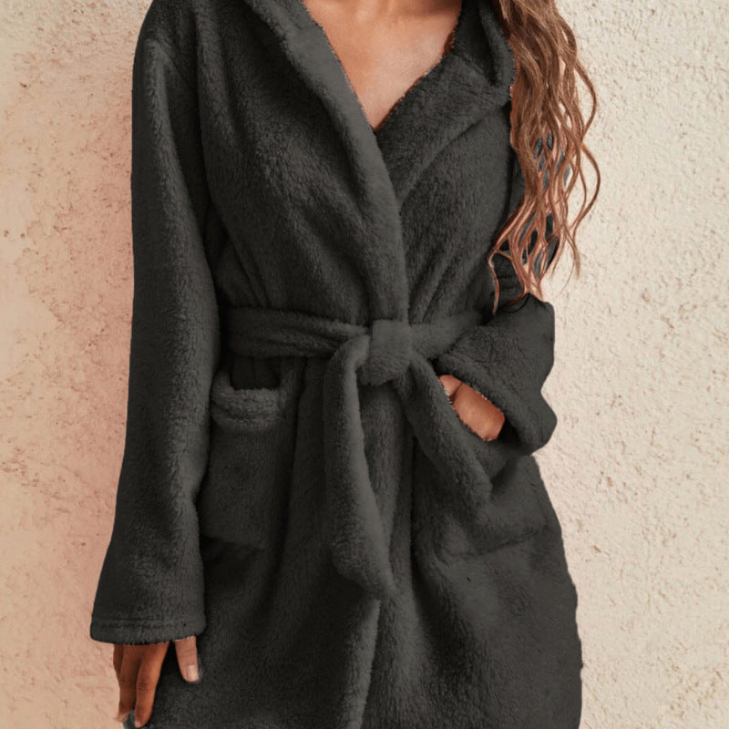 Women's Flannel Coral Fleece V-Neck Long Bathrobe teemdrop