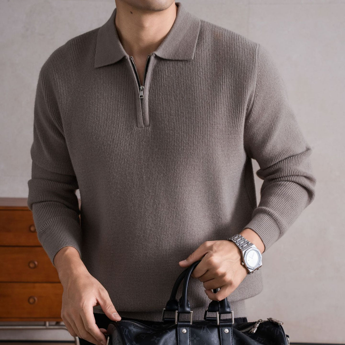 Men's Zippered Sheep Wool Blend Thickened Knit Sweater with Anti-Pilling Feature teemdrop