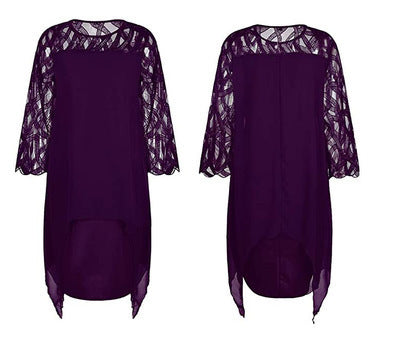 Women's Elegant Lace Patchwork Chiffon Dress with 3/4 Sleeves and Irregular Hem teemdrop