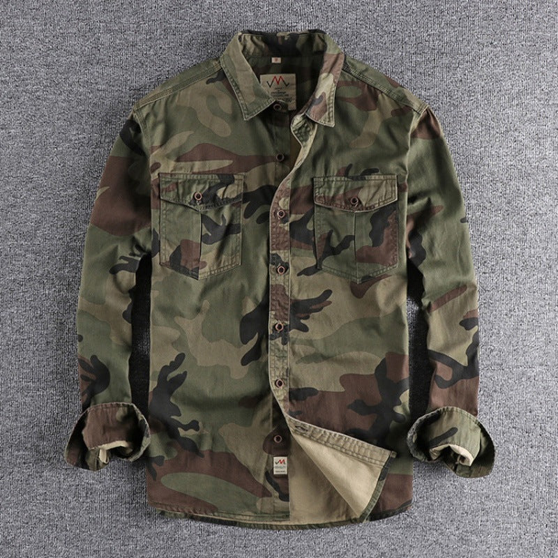 Men's Washed Camouflage Long-Sleeve Cotton Workwear Shirt teemdrop