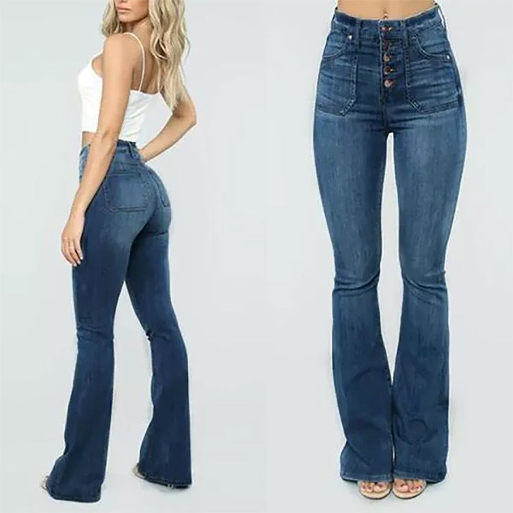 Washed button-down women's high-waisted denim pants