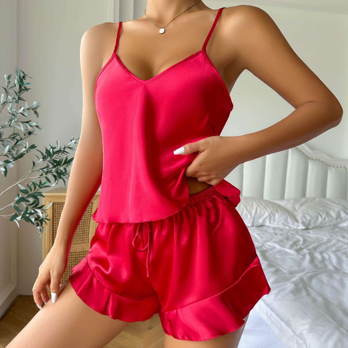 Womens Ice Silk Pajama Set with Shorts