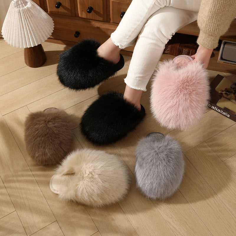 Women Fluffy Plush Slip-on Anti-Slip Home Slippers with Thick Warm Fur Lining teemdrop