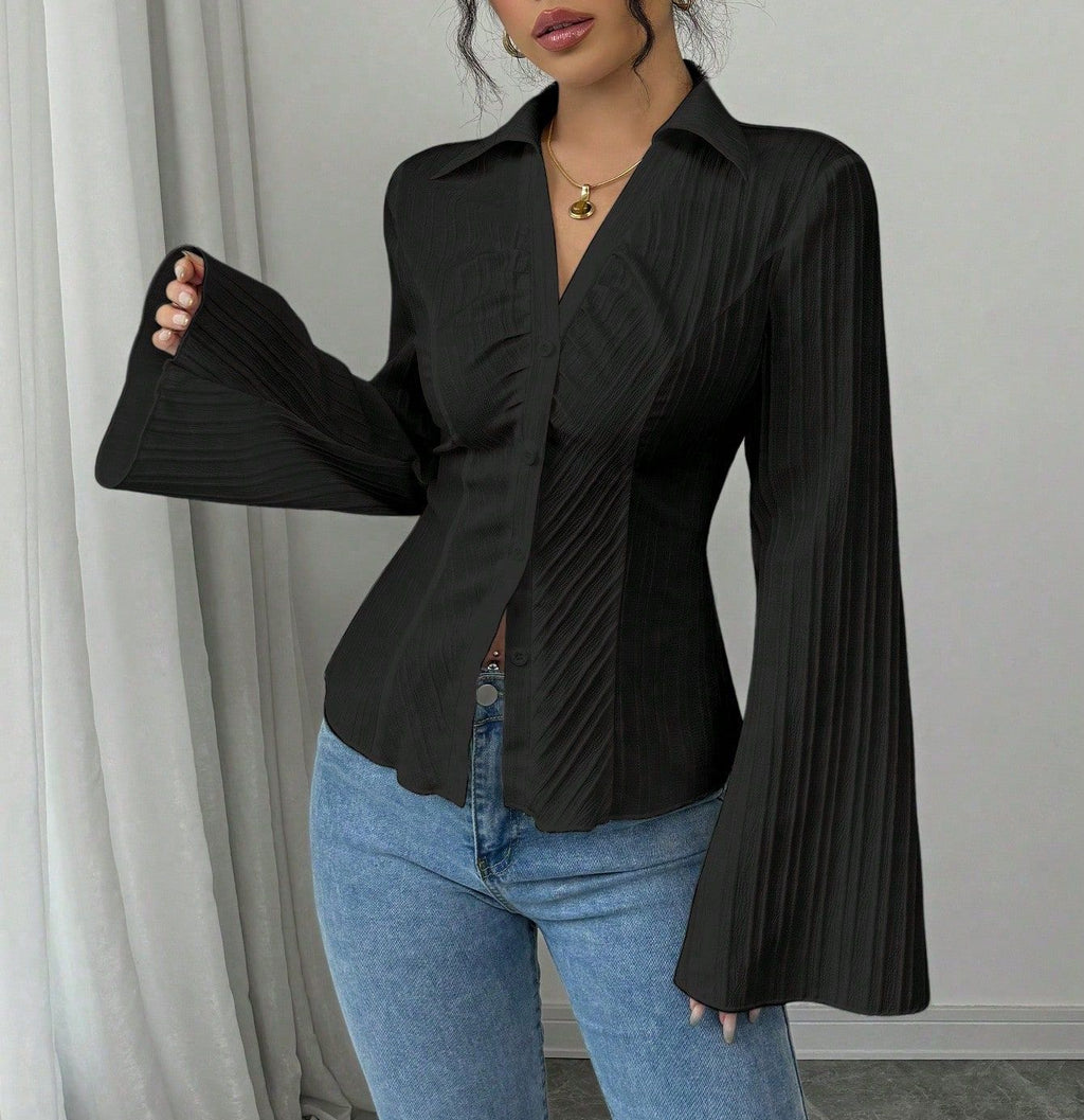 Women's V-Neck Long Sleeve Striped Button-Down Shirt teemdrop