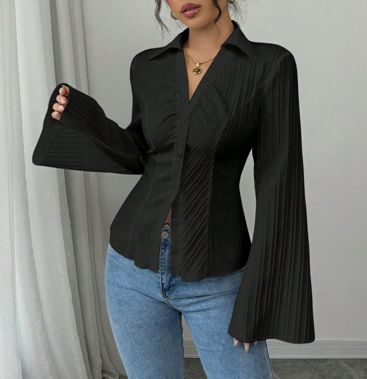 Women's V-Neck Long Sleeve Striped Button-Down Shirt teemdrop