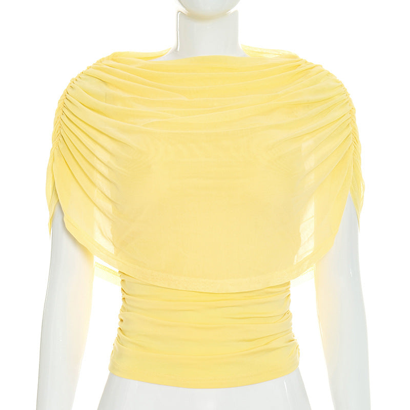 Lady's sleeveless scarf-necked pleated blouse