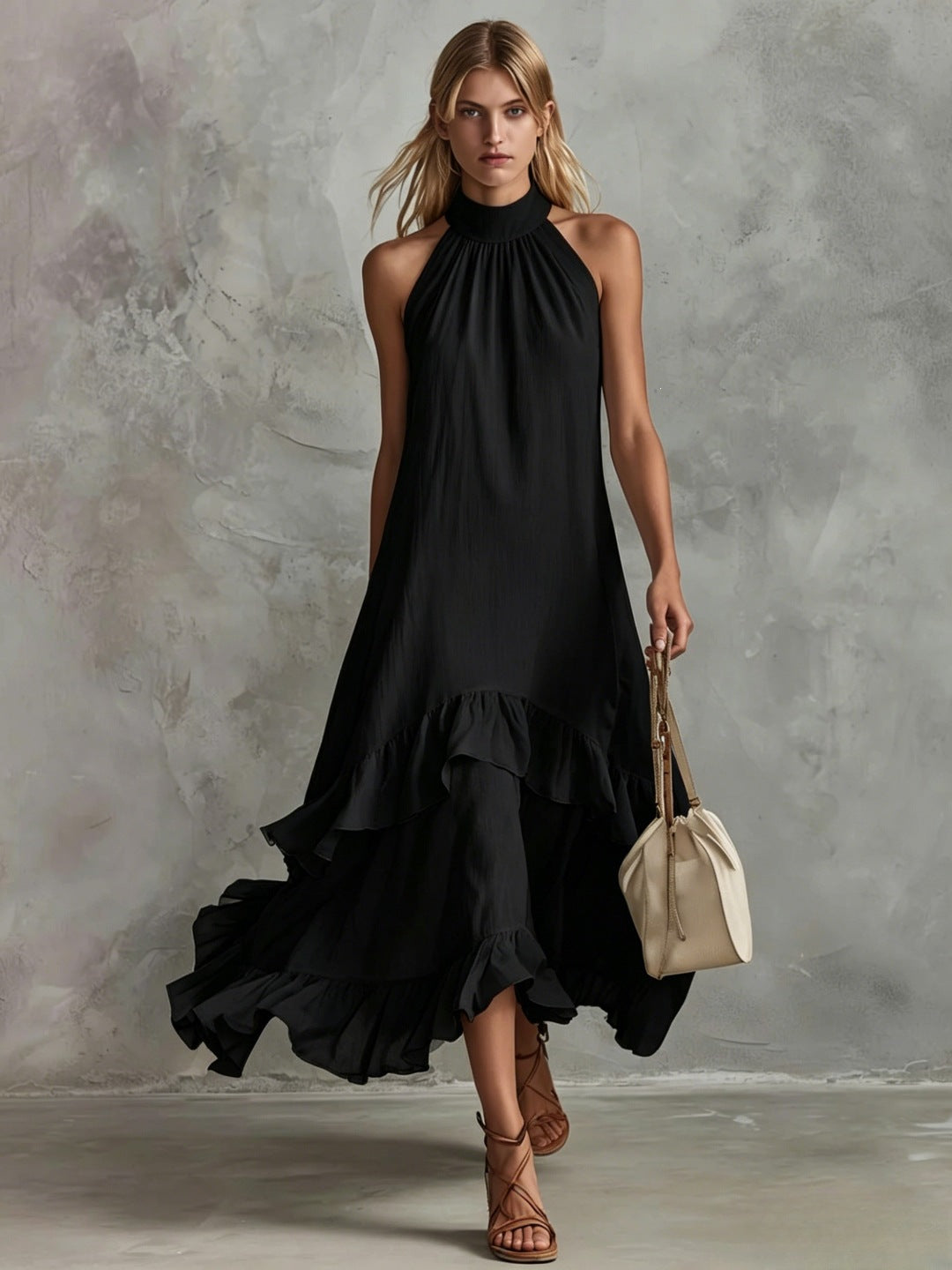 Women's Sleeveless Halter Ruffle Hem Mid-Length Summer Dress teemdrop