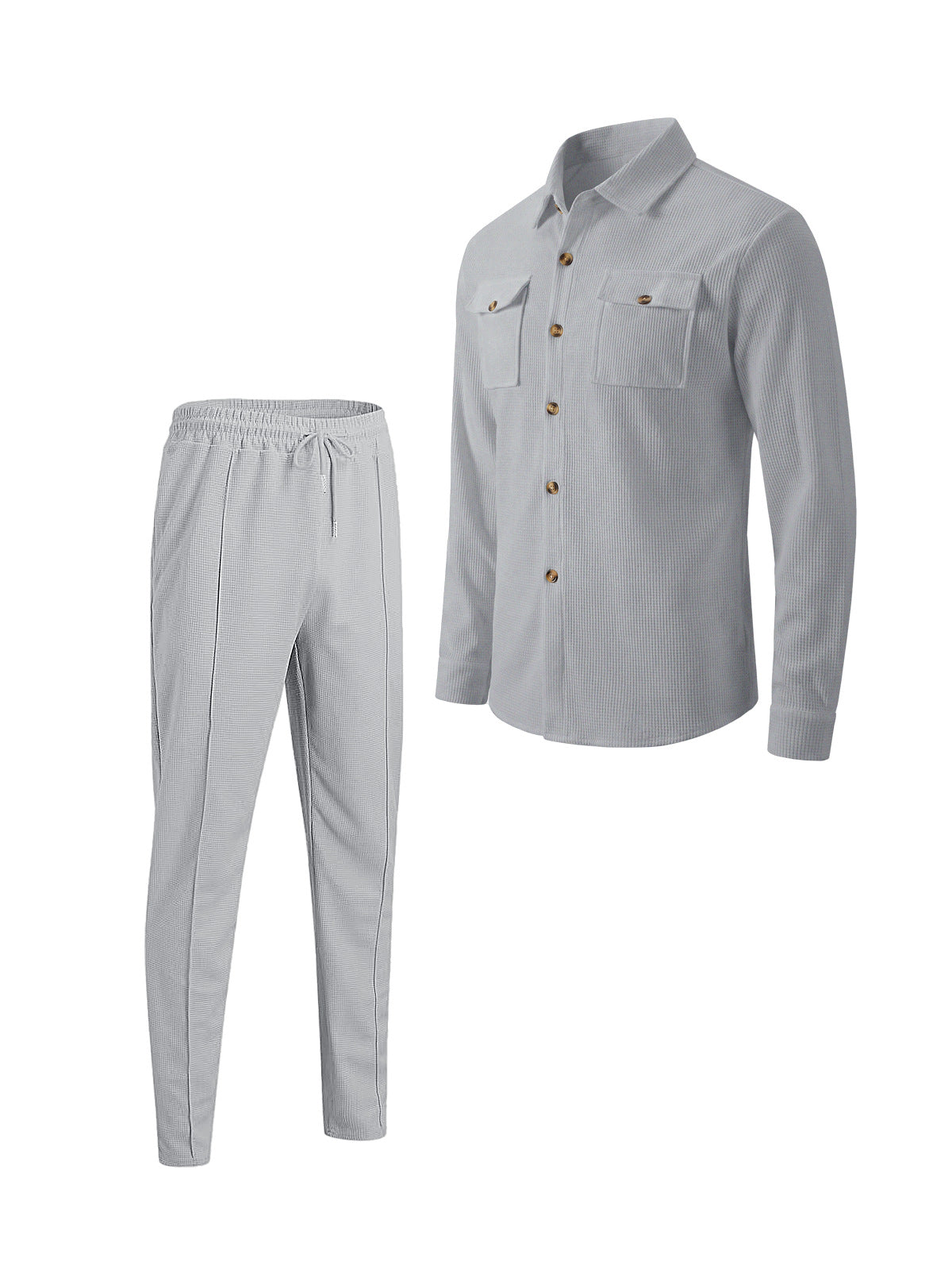 Men's Casual Waffle Solid Color Track Suit Long Sleeve Lapel Jacket and Pants Two-Piece Set teemdrop