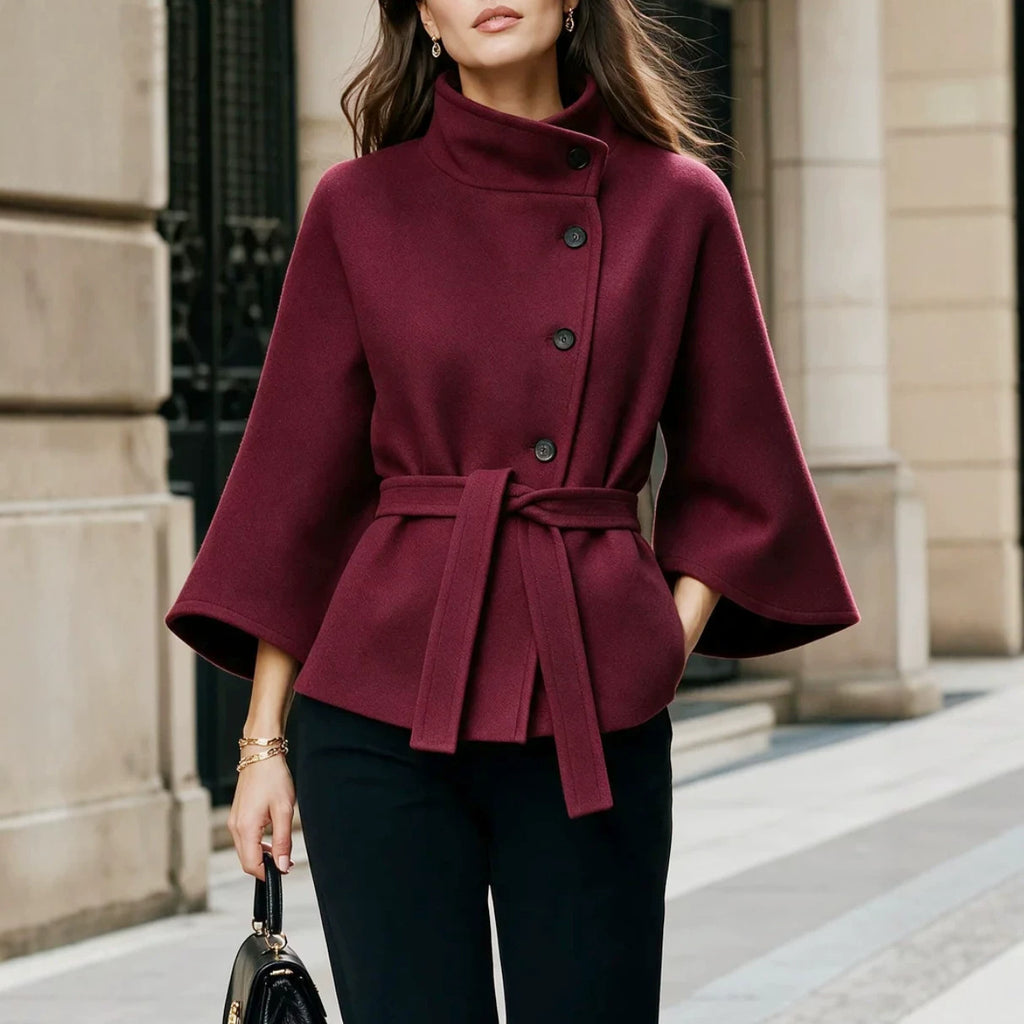 Women's Stand Collar Flared Sleeve Alpaca Wool Blend Coat teemdrop