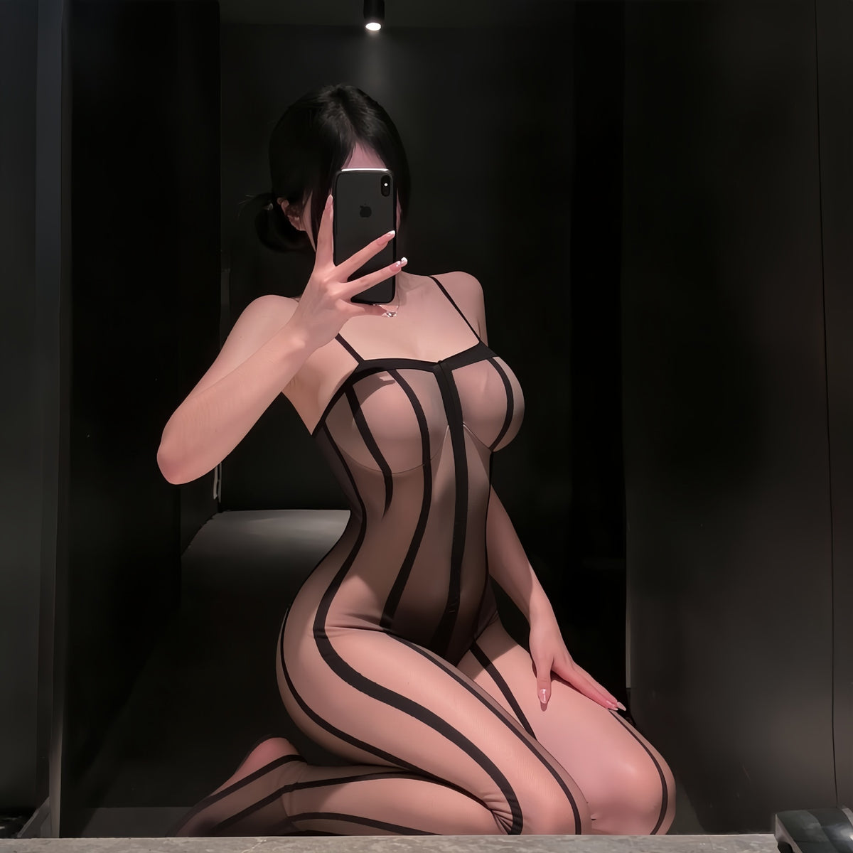 Sexy vertical-striped, sheer black, strapless, spaghetti-strap mesh bodysuit teemdrop