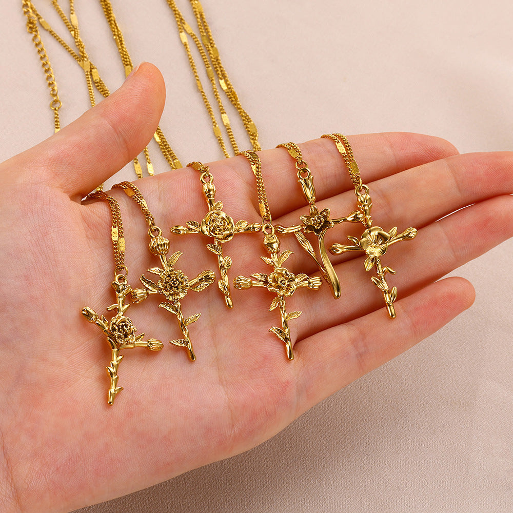 Gold Plated 3D Flower Cross Neckla teemdrop