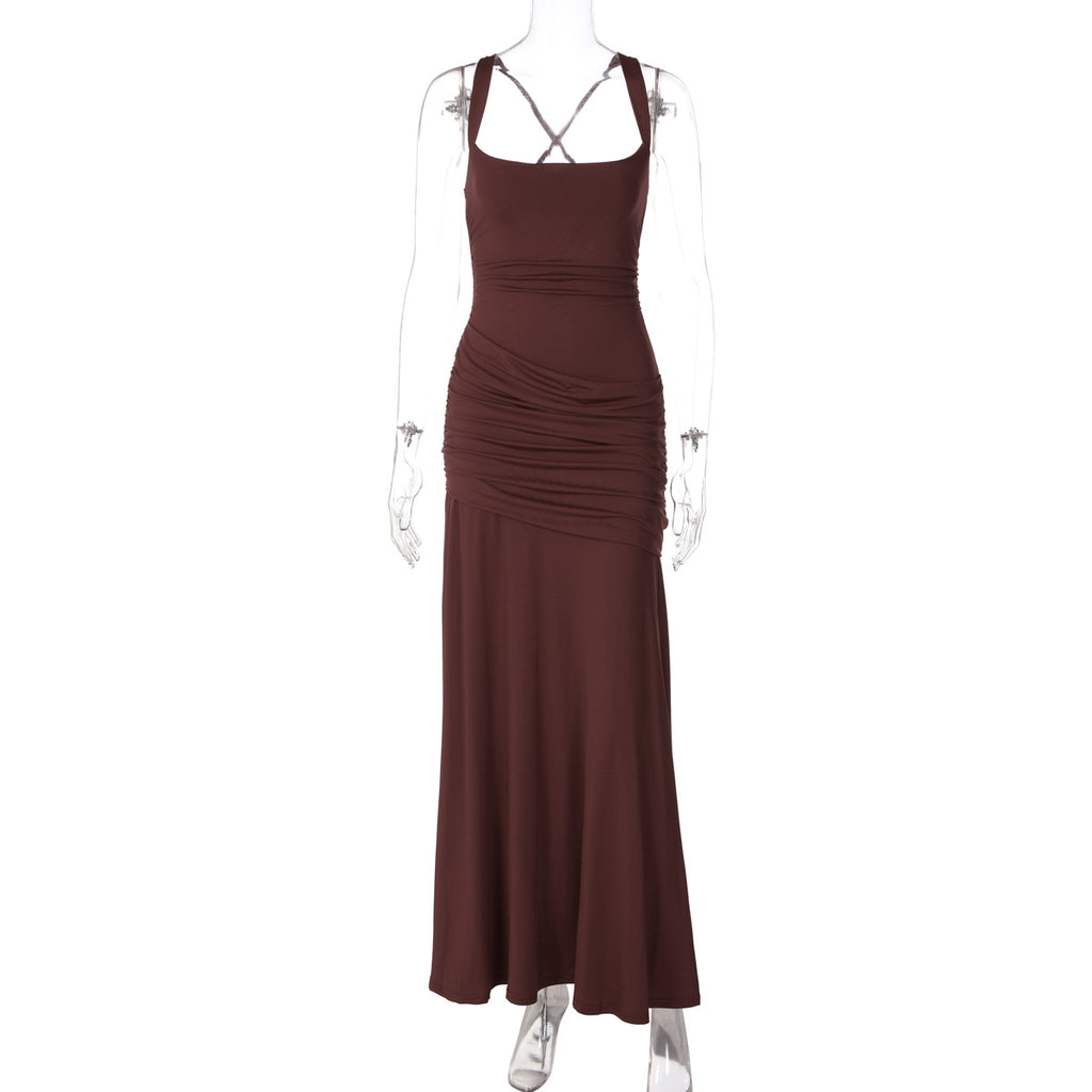 Women's Sleeveless Solid Color Bodycon Maxi Dress with Back Tie teemdrop
