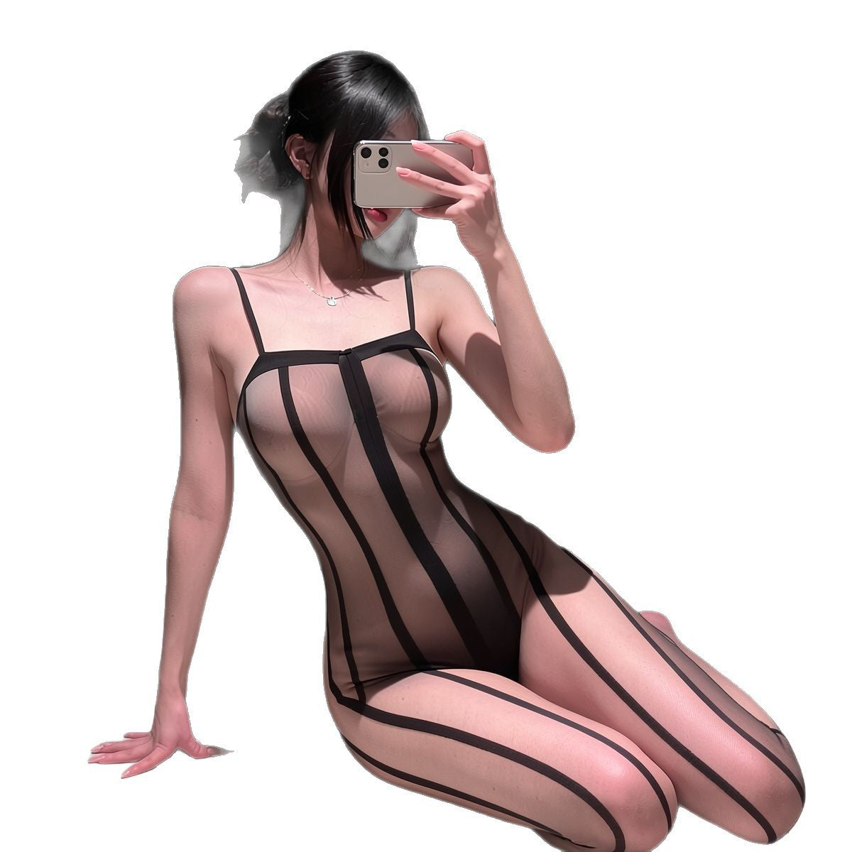 Sexy vertical-striped, sheer black, strapless, spaghetti-strap mesh bodysuit teemdrop