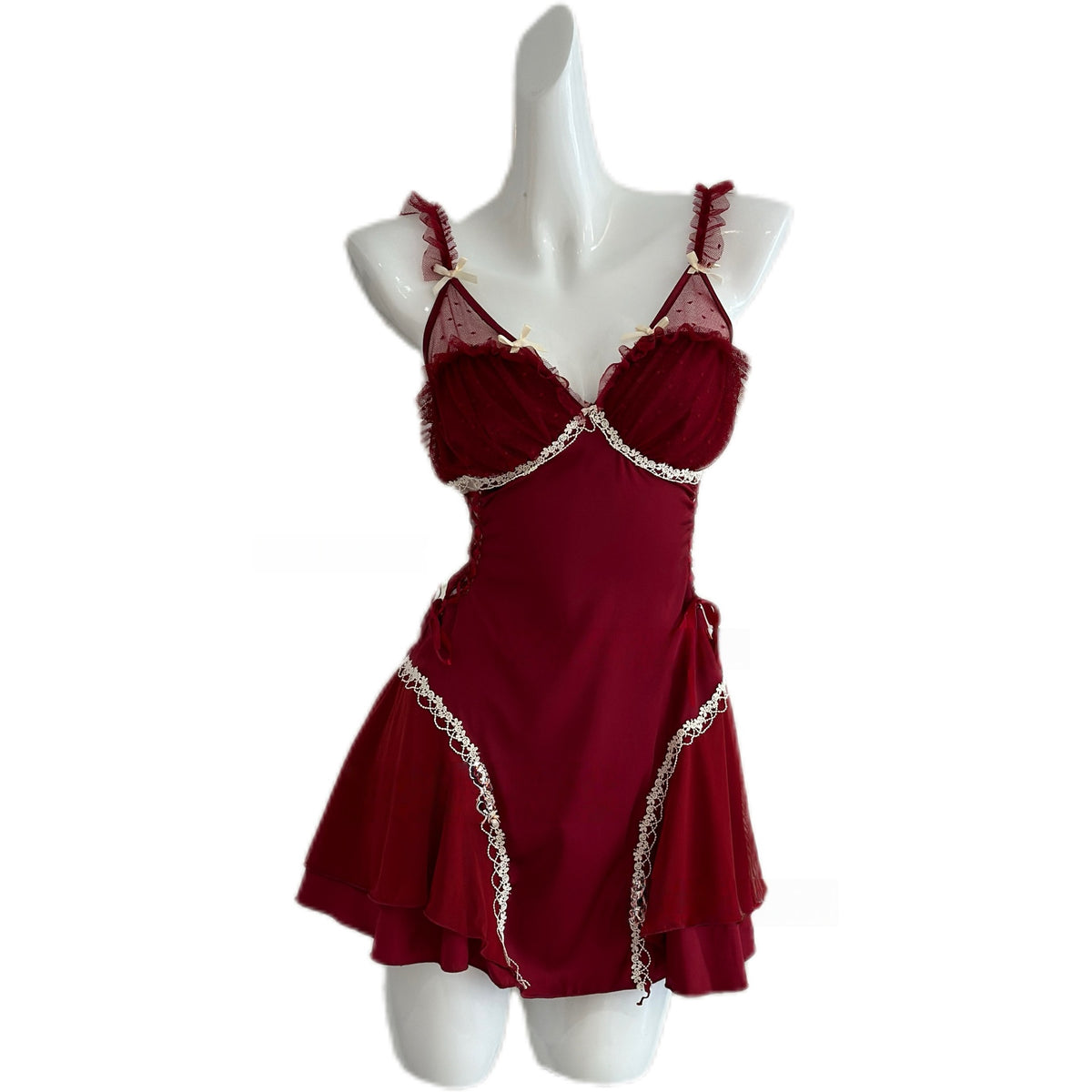 Women's Sexy Backless Mesh Lace Nightgown and Robe Set with Chest Pads teemdrop