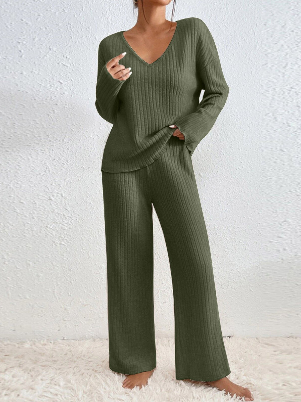 Women V-Neck Loose Ribbed Knit Long Sleeve Top Suit Set teemdrop