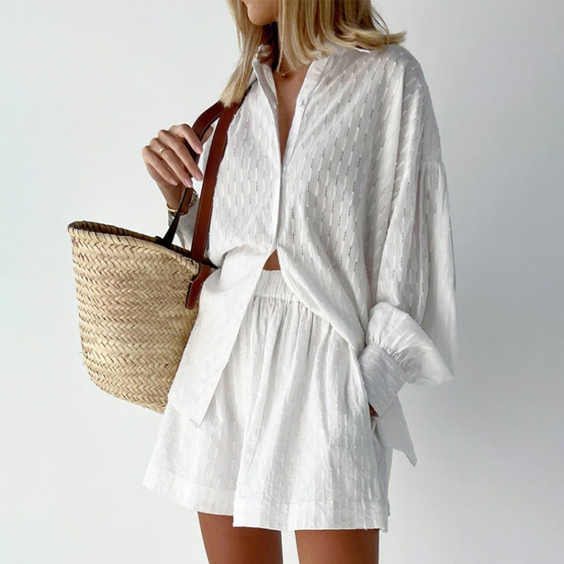 Women's Jacquard Puff Sleeve Shirt and Shorts Two-Piece Set teemdrop