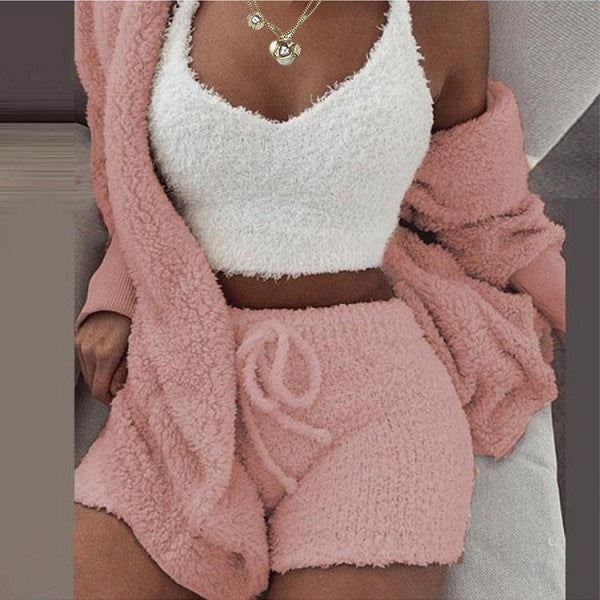 Women's Plush Three-Piece Long Sleeve Vest Shorts Track Set teemdrop
