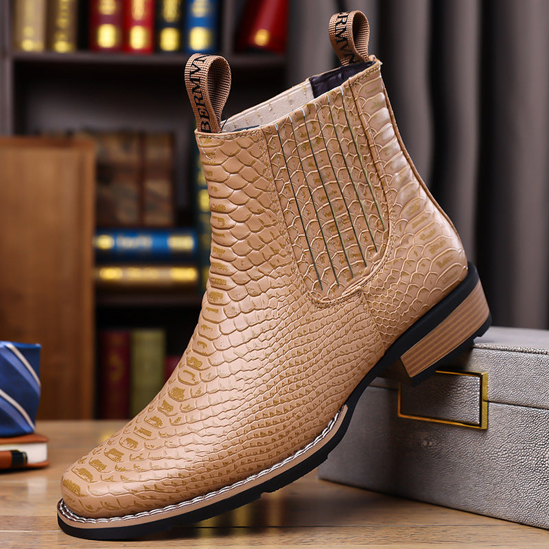 Men's Retro Crocodile Pattern Chelsea Ankle Boots with Elastic Side Panels teemdrop