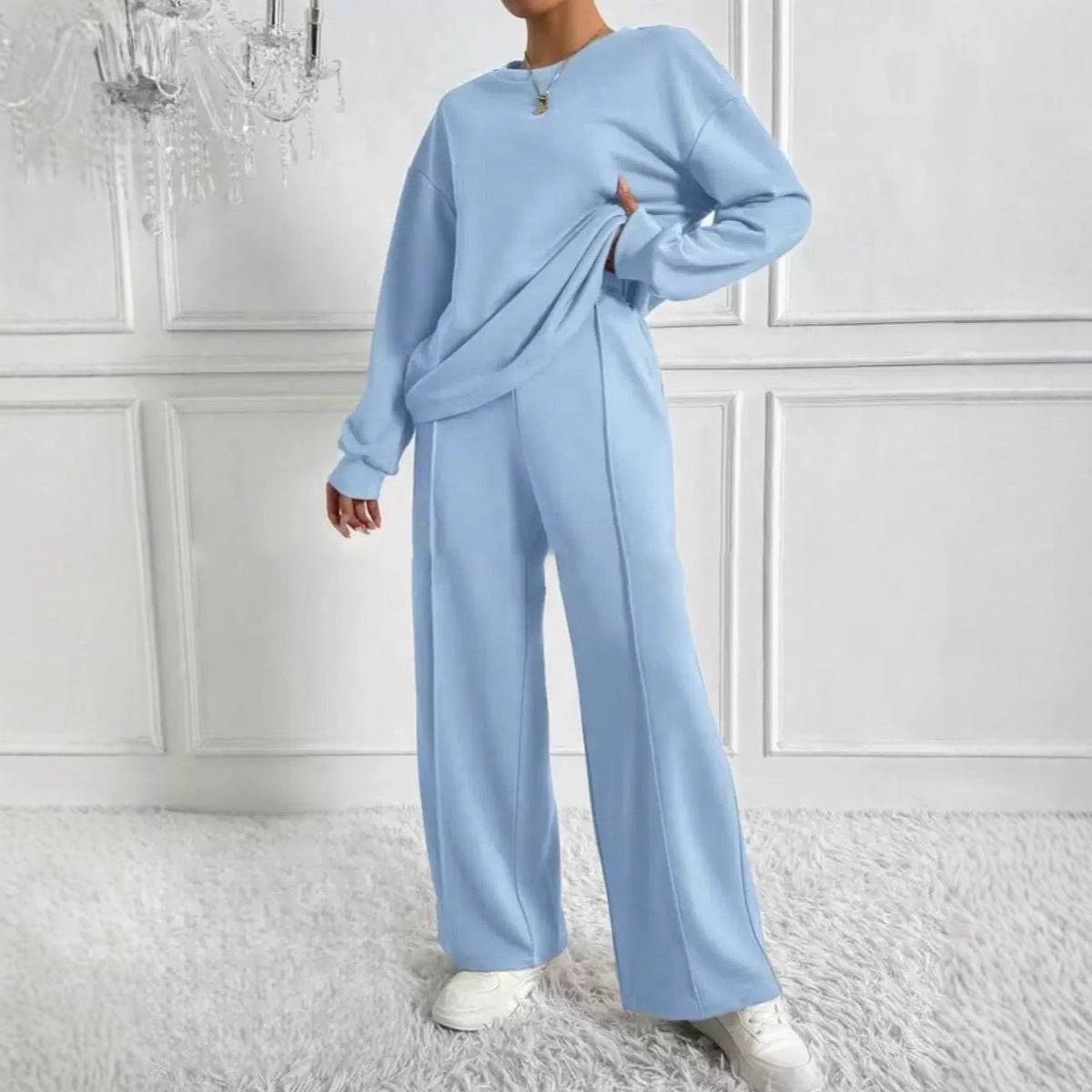 Women's Solid Color Round Neck Long Sleeve Pants Suit Casual Two-Piece Set teemdrop