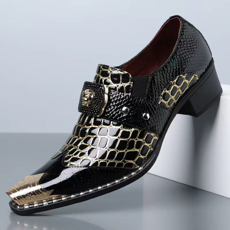 Men's Chunky Heel Pointed Toe Slip-on PU Leather Loafers teemdrop