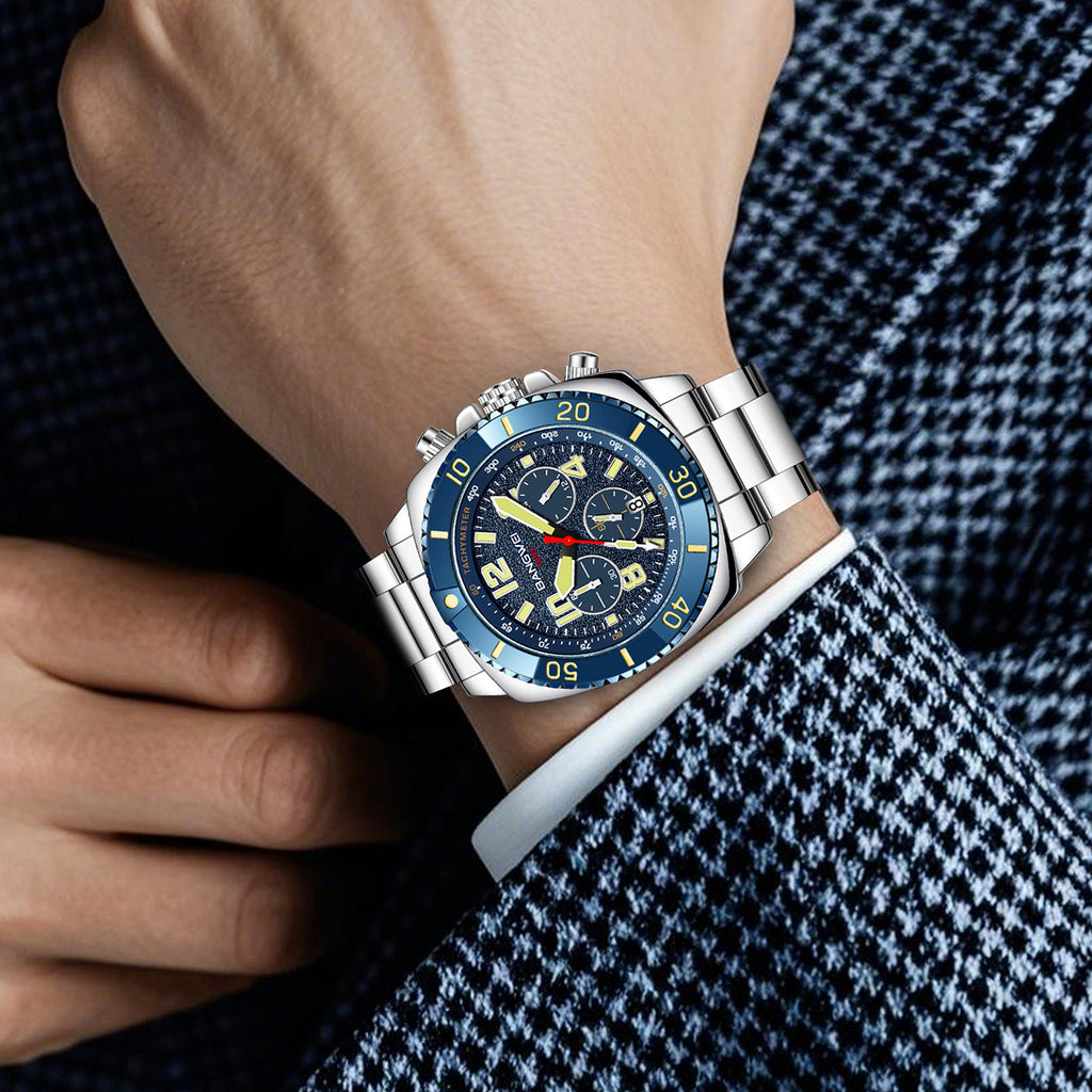 Men's Multifunction Chronograph Calendar Luminous Waterproof Stainless Steel Quartz Watch teemdrop