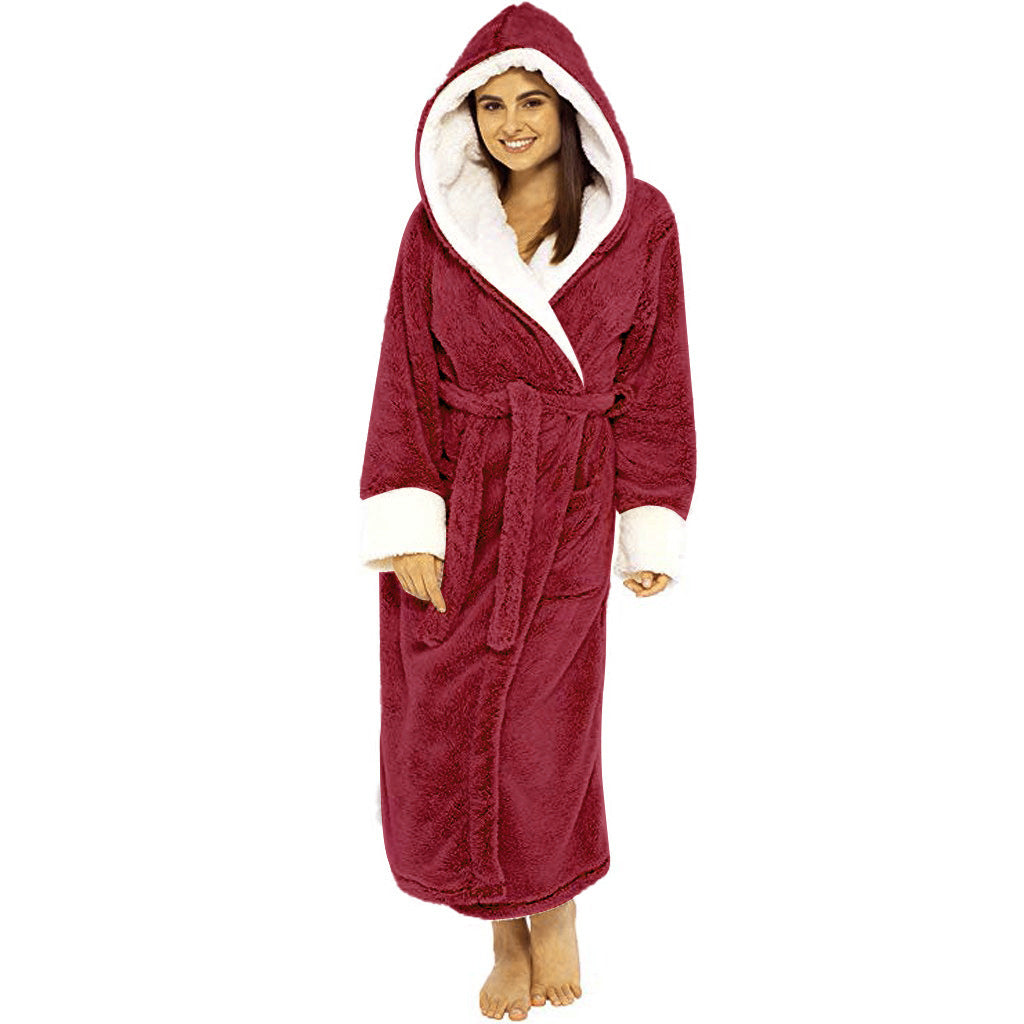 Women Long Plush Bathrobe with Belt Home Loungewear Winter Warm Nightgown