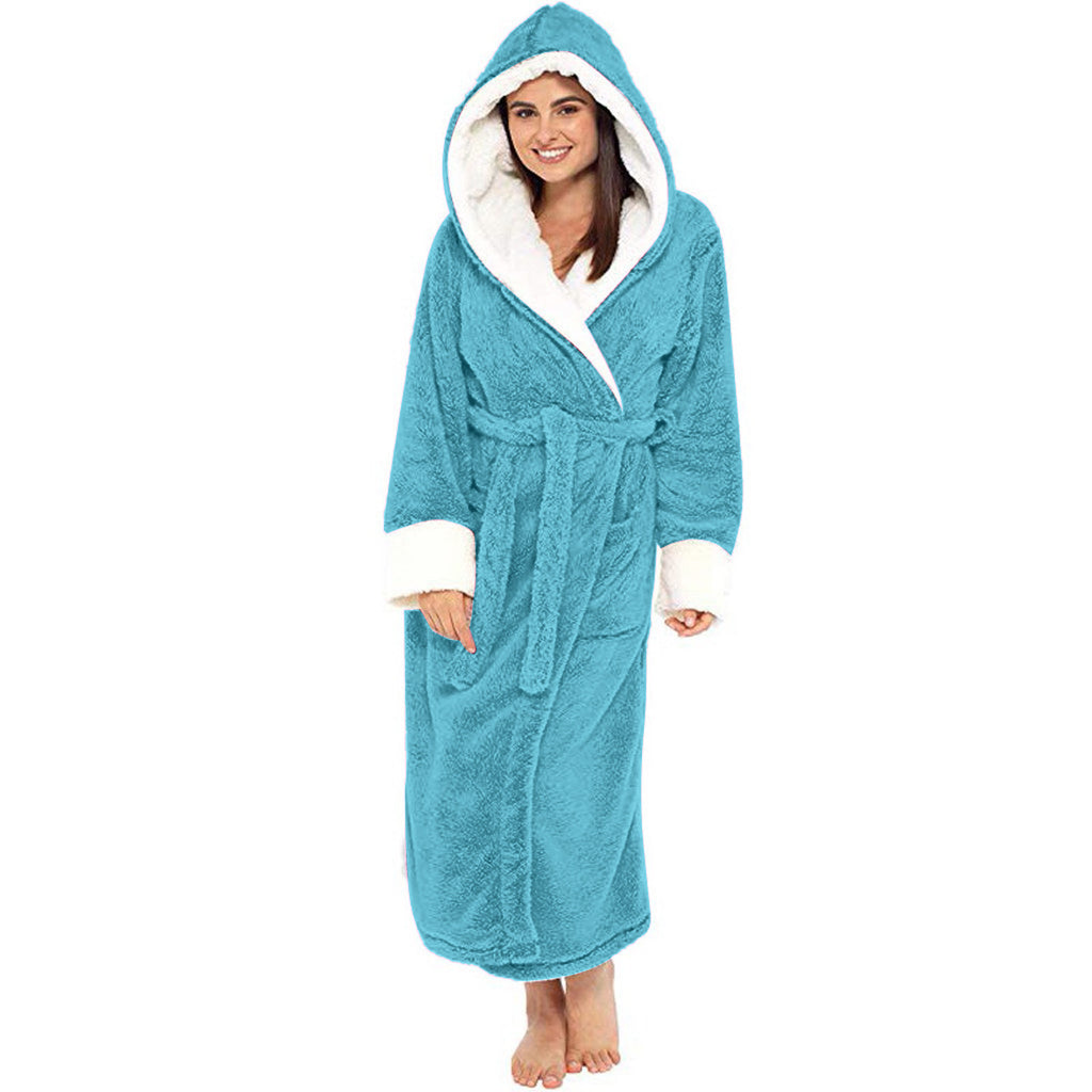Women Long Plush Bathrobe with Belt Home Loungewear Winter Warm Nightgown