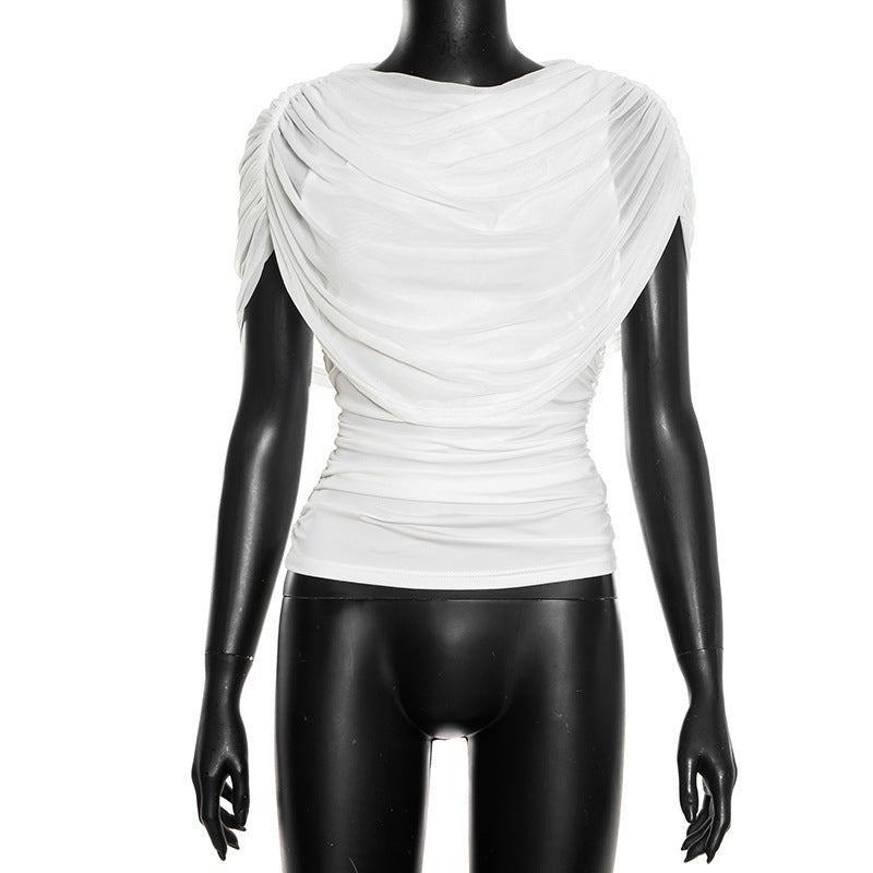 Lady's sleeveless scarf-necked pleated blouse