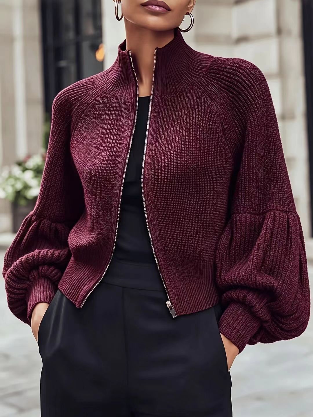 Women's Stand Collar Zip-Up Lantern Sleeve Textured Knit Sweater teemdrop