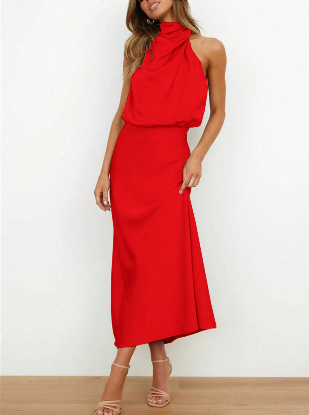 Womens High-End Satin Sleeveless Pleated Midi Dress Mock Neck Evening Gown teemdrop