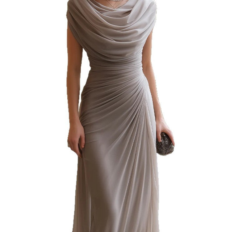 Women's Elegant Pleated Cowl Neck Sleeveless Dress teemdrop