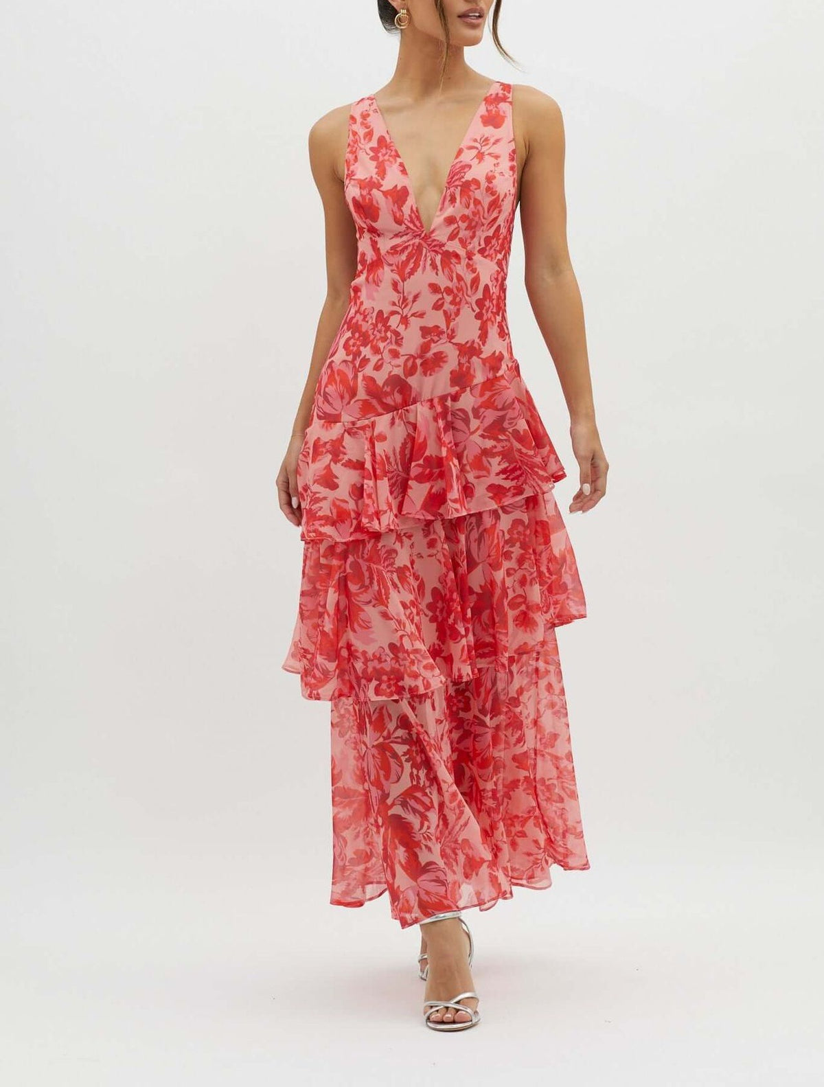 Women's Summer Floral Printed V-Neck Sleeveless A-Line Long Dress teemdrop