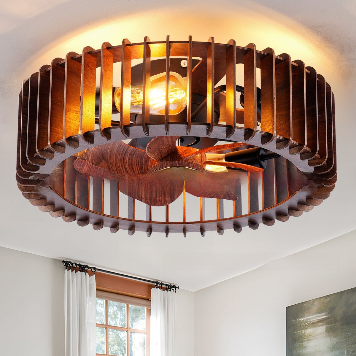 Wabi-Sabi Wooden Fan Chandelier Vintage Ceiling Lamp with Remote Control teemdrop