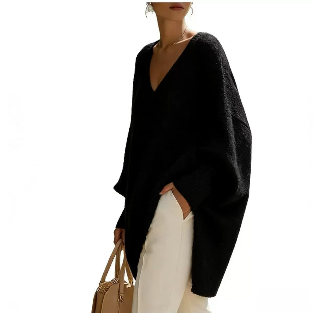 Solid-color long-sleeved V-neck relaxed style sweater for women, loose knitted top teemdrop