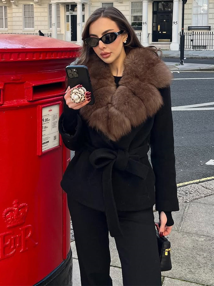 Women's Elegant Faux Fur Collar Tie-Waist Woolen Coat teemdrop