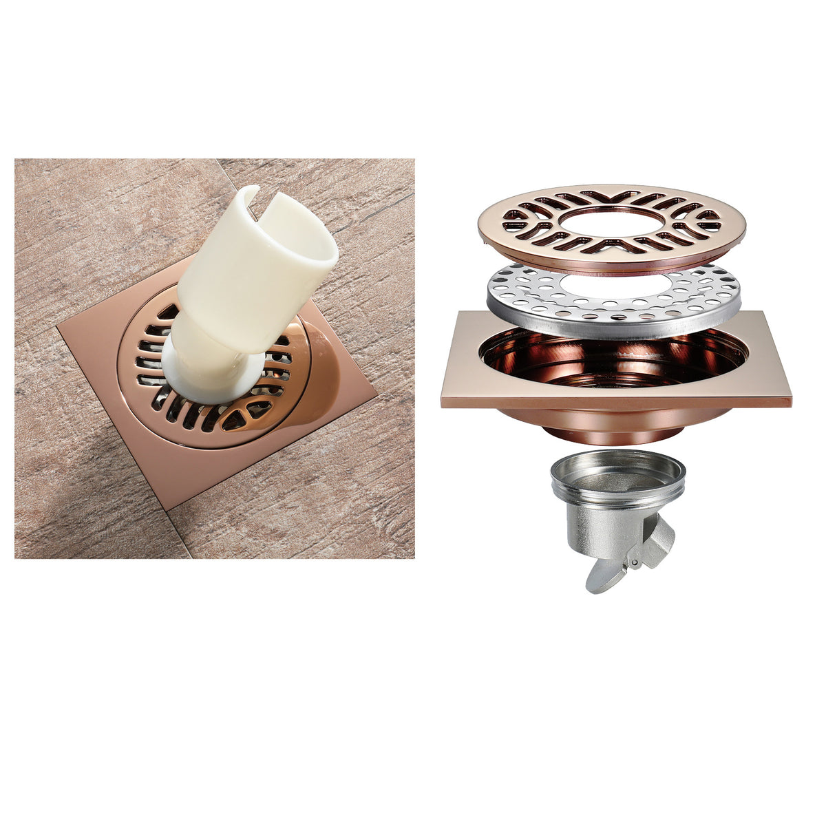 Rose Gold Copper Anti-Odor Concealed Tile Insert Square Linear Floor Drain teemdrop
