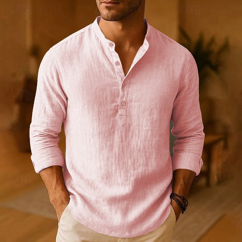 Men's Linen Stand Collar Long Sleeve Breathable Casual Shirt teemdrop