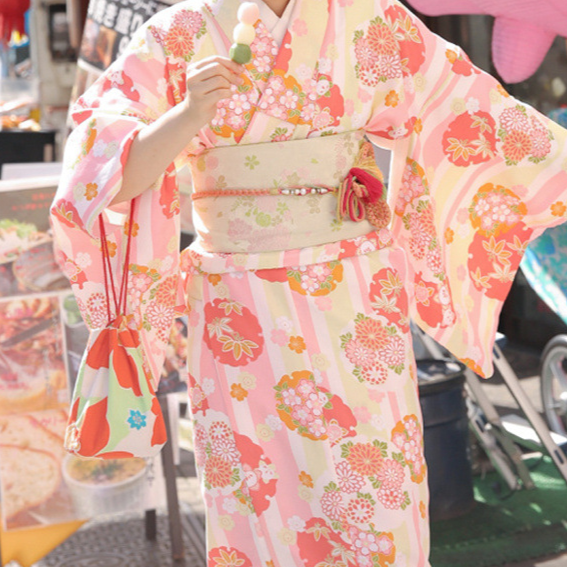 Womens Traditional Retro Japanese Camellia Print Kimono Dress with Girdle and Fan Headdress Set teemdrop